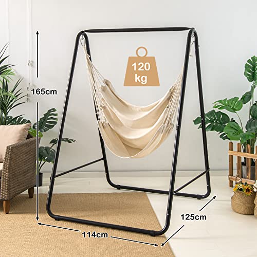 Costway Hammock Chair with Stand, Heavy-Duty Powder-Coated Steel Stand with Hanging Swing Chair, Sturdy Swing Chair with Stand for Porch Patio Backyard and Indoor Use（Beige）