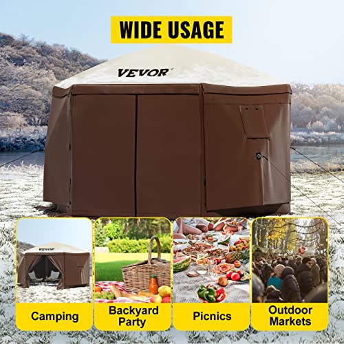 VEVOR Gazebo Screen Tent, 12 x ft, 6 Sided Pop-up Camping Canopy Shelter Tent with Mesh Windows, Portable Carry Bag, Ground Stakes, Large Shade Tents for Outdoor Camping, Lawn & Backyard, Brown/Beige