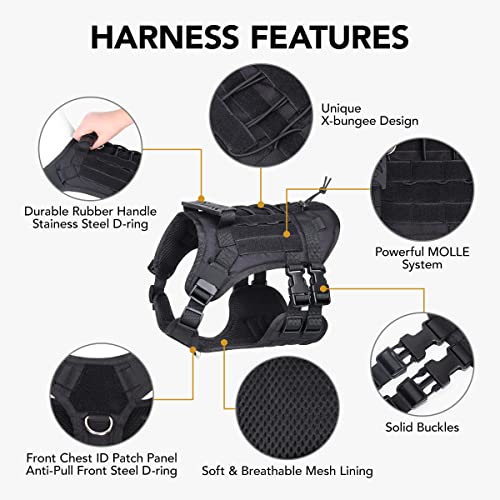 Tactical Dog Vest Harness with Pouches for Medium Large Dogs No Pull, Military Dog Harness with Rubber Handle, Service Dog Vest with Molle & Loop Panels, Adjustable Pet Harness for Hunting Walking