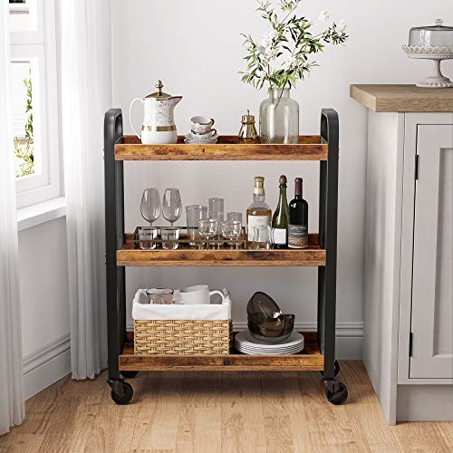 Vasagle Kitchen Trolley, Rolling Cart, Serving Trolley with Universal Castors Levelling Feet, Space-Saving, Steel Structure, 66 x 26 x 85 cm, for Kitchen, Living Room, Rustic Brown LRC66BX