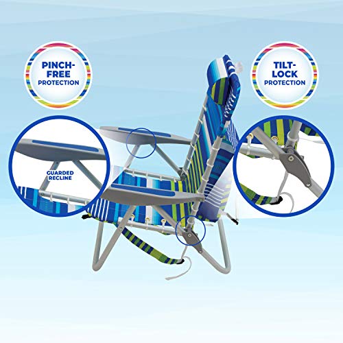 Rio Brands Beach 4-PRio Beach 4-Position Backpack Lace-Up Suspension Folding Beach Chair - Blue/Green Stripe, 24" x 24.75" x 33"