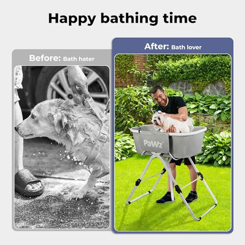 PaWz Dog Bath Tub Bathtub Pet Washing Station for Bathing Shower and Grooming,Elevated Foldable Portable,Indoor and Outdoor,Adjustable Height,for Small and Medium Size Dogs, Cats and Other Pet (Grey)