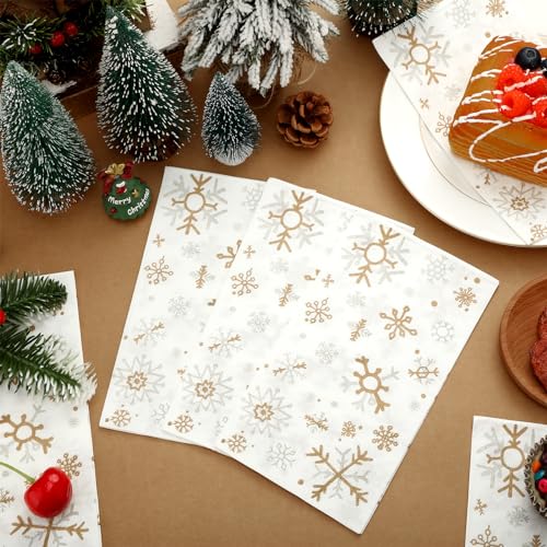 100 Pcs Snowflake Christmas Disposable Paper Guest Napkins Disposable Hand Towels for Bathroom White Gold Winter Napkins for Seasonal Christmas Winter Holiday Decor