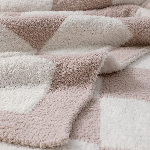 Bearberry Fuzzy Checkerboard Grid Throw Blanket Knitted Soft Cozy Warm Microfiber Blanket Decor for Couch Sofa Bed Travel Home (Cream, 50''x60'')