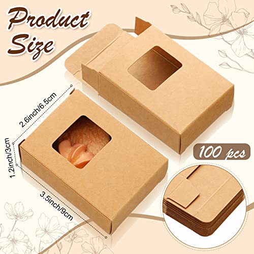 Outus 100 Pcs Soap Boxes with Window Mini Kraft Paper Box Favor Boxes Treat Box Mini Rectangle Gift Boxes Present Packaging Box for Homemade Soap Bakery Candy Wrapping, 3.5 x 2.6 x 1.2 Inch (Brown)