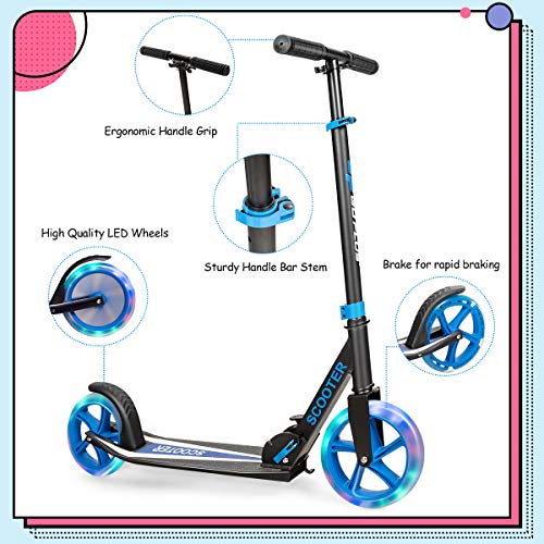 HONEY JOY Folding Kick Scooter for Kids 10 Years and up, with 2 Flashing Wheels, 3-Level Adjustable Handlebar, Rear Foot Brake, Aluminum Deck, Outdoor Sports Scooter for Boys & Girls (Blue)