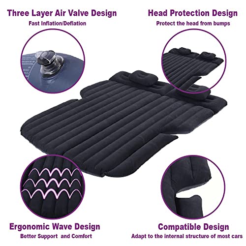 SUV Air Mattress, Car Bed with Electric Air Pump, Inflatable Car Mattress for Back Seat, Flocking Surface Home Sleeping Pad(Black)