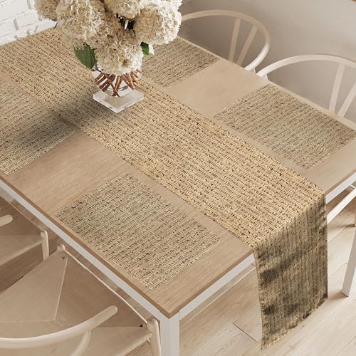 Ambesonne Egyptian Print Table Runner & Placemats, Hieroglyphs Grunge Pattern on Stripes Archeology History Language, Set for Dining Table Decor, Placemat 4 pcs + Runner 16"x72", Sand Brown Black