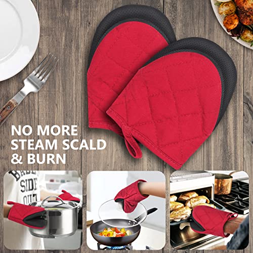 1 Pair Short Oven Mitts - Silicone Kitchen Oven Gloves High Heat Resistant 500℉, Mini Oven Mits with Non-Slip Grip Surfaces and Hanging Loop for BBQ, Baking, Cooking and Grilling (Red)