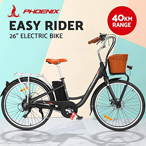 Phoenix Electric Bike, 26 Inch Ebike Mountain Road Electronic Bikes Electricbike Outdoor Adult Cycling Equipment, 6 Speed Powerful Brushless Motor Led Headlight Black
