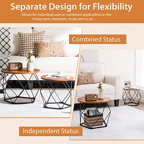 Giantex Nesting Coffee Table, Circle Side End Table w/Pentagonal Steel Base & EVA Pads, Accent Tea Center Table for Small Space, Round Bedside Table Set of 2 for Living Room Bedroom, Rustic Brown