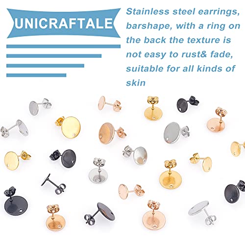 UNICRAFTALE About 48Pcs 4 Colors 3 Sizes 304 Stainless Steel Stud Earring Findings with Ear Nuts 0.8mm Pin Hypoallergenic Flat Round Earring Post with Hole Earring Studs Components for Earring Making