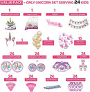 Value Smash Unicorn Party Supplies 24 guests for girls with Birthday Banner, Unicorn Cake Topper, Headband & Sash, Dinning & Dessert plates, Tablecloth, Cups, Forks & Spoons Set, 15 balloons