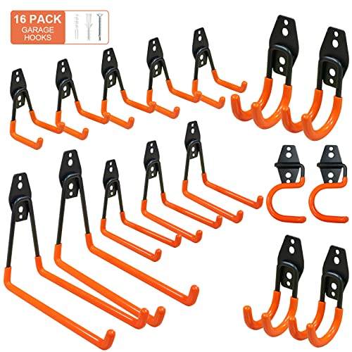 16 Pack Garage Hooks Heavy Duty, Utility Steel Garage Storage Hooks, Wall Mount Tool Organizer with Anti-Slip Coating for Garden Tools, Ladders, Bulky Items and More Equipment (Orange)