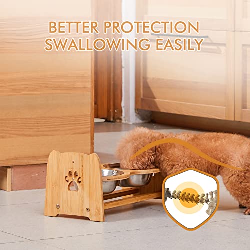 X-ZONE PET Raised Pet Bowls for Cats and Dogs, Adjustable Bamboo Elevated Dog Cat Food and Water Bowls Stand Feeder with 2 Stainless Steel Bowls and Anti Slip Feet (Height 4.7" to 7")