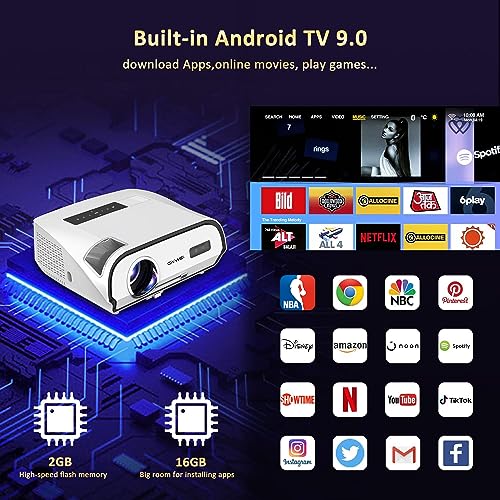 4K Smart UHD Daylight Projector 5G WiFi Bluetooth, 2023 Upgraded 14300 Lumen Outdoor Movie Projector 300” Display, RJ45 LAN Android 2G+16G Projector Support 8000+Apps, 4P/4D Keystone, Zoom