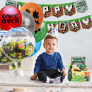 Pixel Style Gamer Birthday Party Supplies for Game Fans, 38 Pcs Birthday Party Decorations for Kids - Banner, Cupcake Toppers, Balloons, Ribbons