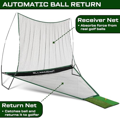 Automatic Ball Return Golf Net for Backyard Driving - - Golf Net Includes Protective Weather Cover  - - Durable 5 Layer Golf Netting - - Golf Net with Hitting Mat - - 10FT X 7FT Golf Net Outdoor Size