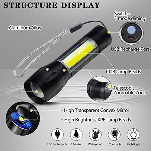 ZCOINS 2 Pack Rechargeable Small Torch, 500LM Zoomable Mini LED Flashlight with COB Side Light, Pocket Mini Torch for Emergency Camping Hiking Dog Walking