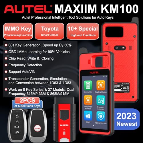 Autel MaxiIM KM100 Key Fob Programmer Immobilizer Tool with Bluetooth VCI 2 IKEYs IMMO Programming Key Renewal Transponder Editing Chip Read/Write/Clone Frequency Detection Lite IM508 IM608 PRO