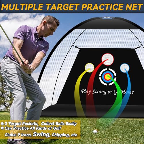 Melanther Golf Net, 10x7ft Golf Practice Net with Golf Mat/Archery Target/Balls/Bag, All in 1 Golf Nets for Backyard Driving Chipping Swing Training - Indoor Outdoor Sports Game, Golf Gifts for Men