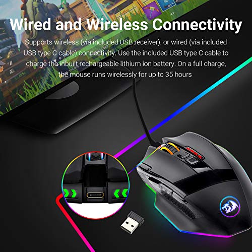 Redragon M801 Gaming Mouse LED RGB Backlit MMO 9 Programmable Buttons Mouse with Macro Recording Side Buttons Rapid Fire Button 16000 DPI for Windows PC Gamer (Wireless, Black)