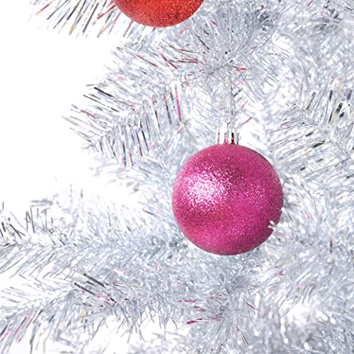 Wellwood 6 ft Silver Tinsel Christmas Tree with 24ct Assorted Ornament Set and Metal Stand, Easy Assembly