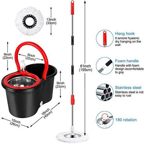 Spin Mop and Bucket with Wringer Set, 360° Spinning Mop Bucket System with 3 Microfiber Mop Replacement Heads and 61" Stainless Steel Adjustable Handle for Floor Cleaning (20QT)