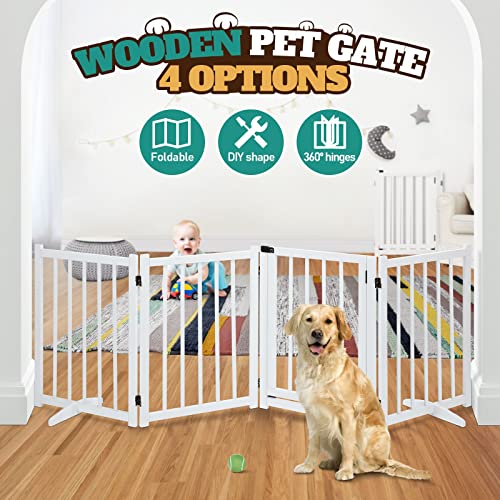 AUSWAY Wooden Pet Safety Gate Free Standing Walk Over Dog Gate,Retractable Puppy Playpen,Enclosure Security Fence for Dog Stair Doorway Barrier with Door Indoor,236CM Extra Width 80CM Tall,White