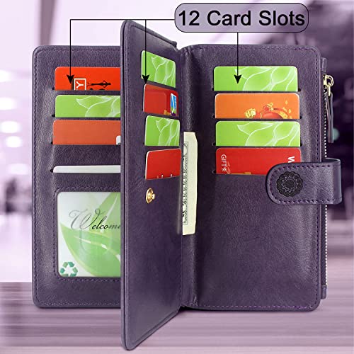 Harryshell Detachable Magnetic Zipper Wallet Leather Case Cash Pocket with Multi Card Slots Holder Wrist Strap for iPhone 8 Plus/iPhone 7 Plus / 6S Plus 5.5 Inch Floral Flower (Deep Purple)