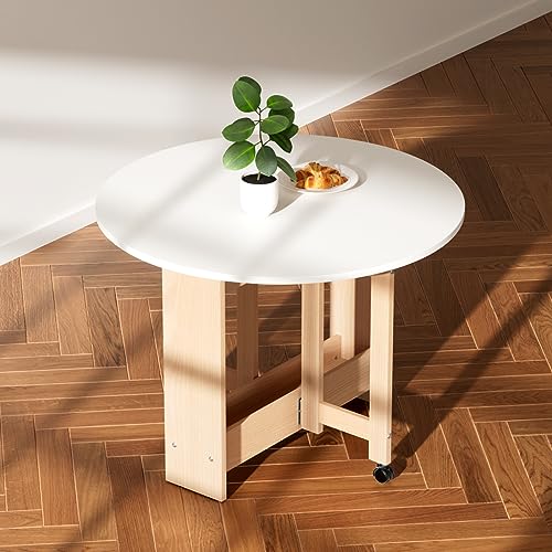 Kasshom Round Drop-Leaf Folding Dining Table, Multifunctional Convertible pace Saving Extendable Table with Storage Box and Wheels, for Kitchen/Farmhouse/Living Room, S White