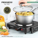 Progress EK4353P Single Electric Hot Plate - Camping Stove, Table Top Electric Cooker, Portable Kitchen Hob with Carry Handles, Non-Slip Feet, Variable Heat Settings, Holiday Homes/Caravans, 1500W