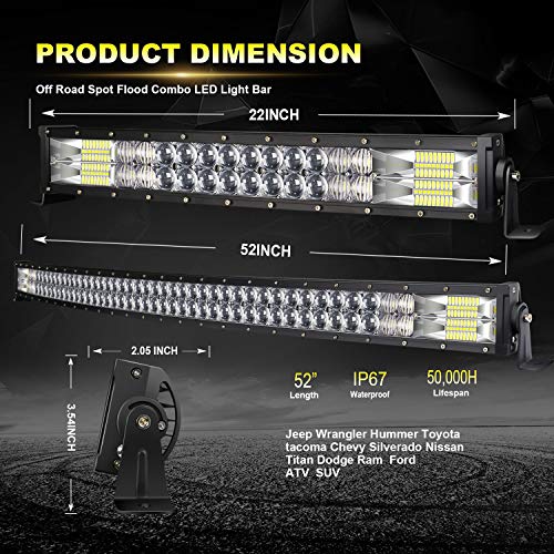 LED Light Bar KEENAXIS 52 Inch 300W 22 Inch 120W Curved Spot Flood Combo Light Bars 4Pcs 4 Inch 60W Led Pods Cubes Lights for Trucks Jeep ATV UTV Boat with 3-Leads Wiring