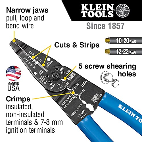 Klein Tools 1010 Multi Tool Long Nose Wire Cutter, Wire Crimper, Stripper and Bolt Cutter Multi-Purpose Electrician Tool, 8-Inch Long