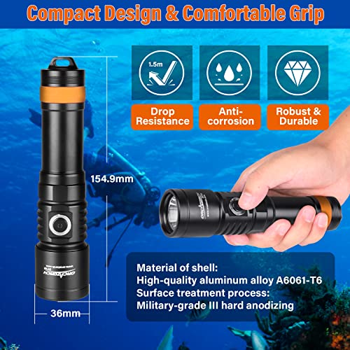 ORCATORCH D710 Scuba Diving Light, 3000 Lumens Super Bright Underwater Flashlight with 6 Degrees Narrow Beam, IP68 Waterproof Night Dive Torch 150 Meters Submersible Light