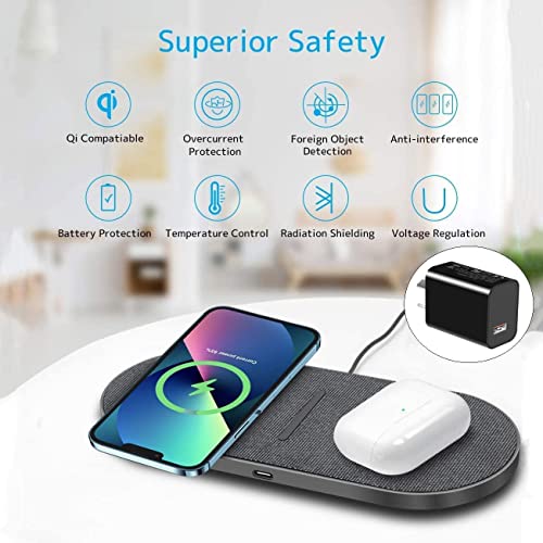 Dual Wireless Charging Pad 20W, 2 in 1 Wireless Charger with Adapter for iPhones 15/14/13/12/11 Series, Airpod3/Pro,Samsung Galaxy Z S Note Series Phones,Pixel 7,Earbuds with Wireless Charging case