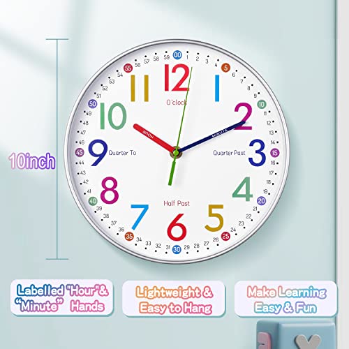 Telling Time Teaching Clock - Learning Clock for Kids - Kids Wall Clocks for Bedrooms - Kids Wall Clock- Silent Analog Kids Clock for Teaching Time,for School Classrooms Playrooms and Kids Bedrooms