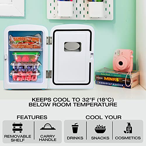 Koolatron Retro 4L 6 Can Portable Mini Fridge, Compact Car Refrigerator, Skincare Cosmetic Beauty Makeup Personal Cooler 12V and AC Cords Desktop Accessory for Bedroom Home Office Travel (Aqua)
