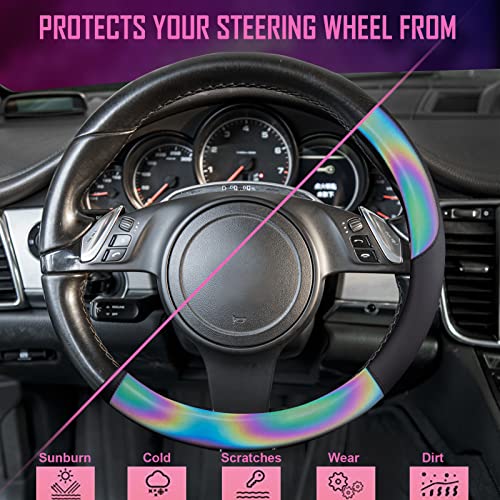 CAR-GRAND Reflective Leather Steering Wheel Cover,14.5~15 inch Universal Fit for 95% Suvs,Sedans,Vans,Trucks Unique Design for Cute Adorable Women Girly (Black)