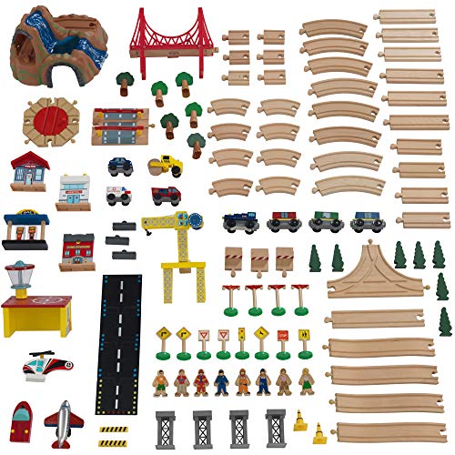 KidKraft Adventure Town Wooden Train Table with Storage Boxes, Train Track Set with Wooden Toy Cars, Crane, Helicopter, Airplane and Accessories Included, Kids’ Toys, 18025