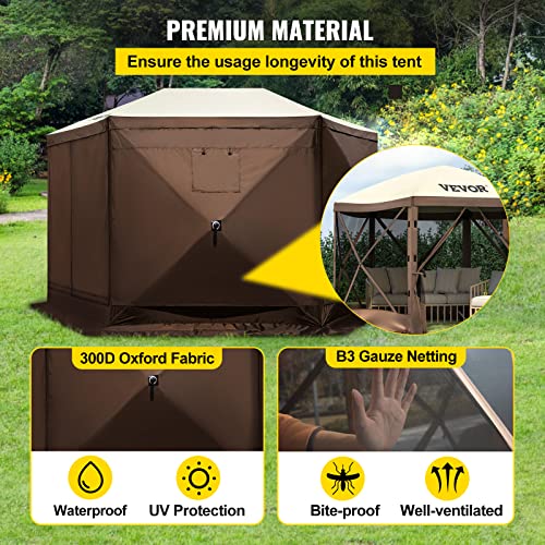 VEVOR Camping Gazebo Screen Tent, 10 * 10ft, 6 Sided Pop-up Canopy Shelter Tent with Mesh Windows, Portable Carry Bag, Stakes, Large Shade Tents for Outdoor Camping, Lawn and Backyard