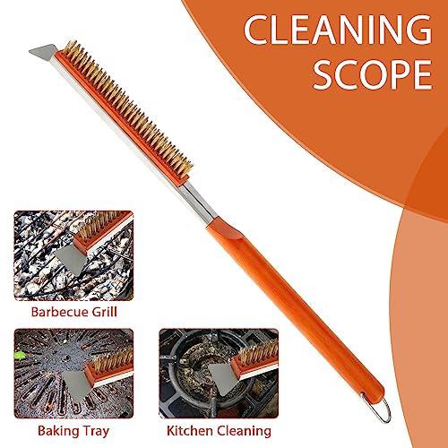 Pizza Oven Brush 21in Pizza Stone Cleaning Brush with Wooden Handle Copper Wire Brush and Scraper Pizza Stone Cleaning Tool Sturdy BBQ Grill Cleaning Brush for Pizza Stone