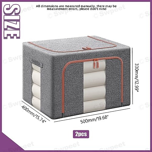 Swpeet 2 Pack Dark Grey 66L Approx 19.7"×15.7"×13.0" Metal Frame Stackable Closet, Foldable Storage Bins, Cloth Storage Bag Organizer with Carrying Handles, Clear Window, 2 Open Window, Double Zipper