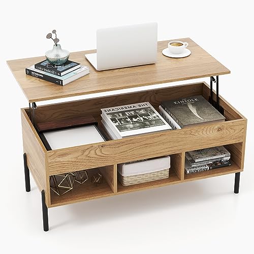 Giantex Lift Top Coffee Table, Rising Center Table with Large Hidden Compartment, Lifting Tabletop and 3 Open Cubbies, Cocktail Snack Table with Large Storage, Modern Living Room Table, Natural