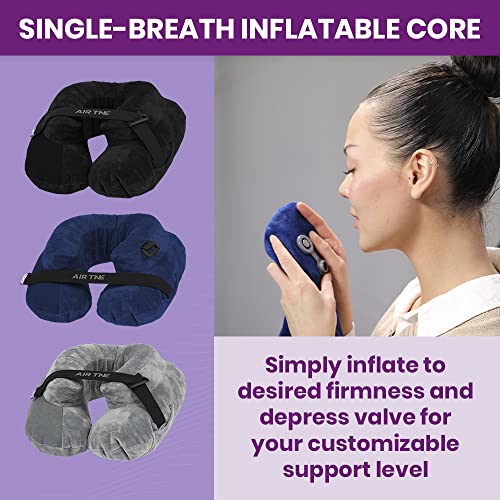 Cabeau Air TNE Inflatable Travel Neck Pillow Lightweight Inflatable Core, Customized Fit, Adjustable Chin Strap, with Compact Carrying Case for Comfort On-The-Go (Midnight Black)