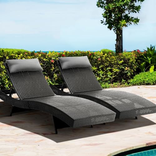 Gardeon Set of 2 Sun Lounge Camping Chair Wicker Lounger Rattan Day Bed, Chaise Beach Chairs Outdoor Furniture Garden Patio Setting Pool Backyard, Pillow Adjustable Backrest Black.