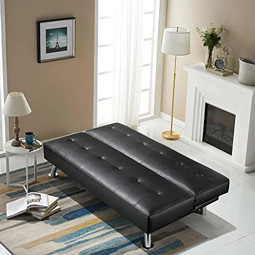 Yaheetech Convertible Sofa Couch Futon Bed Faux Leather Sofa Bed Sleeper Adjustable Loveseat Futon Couch Living Room Furniture with Chrome Metal Legs Black