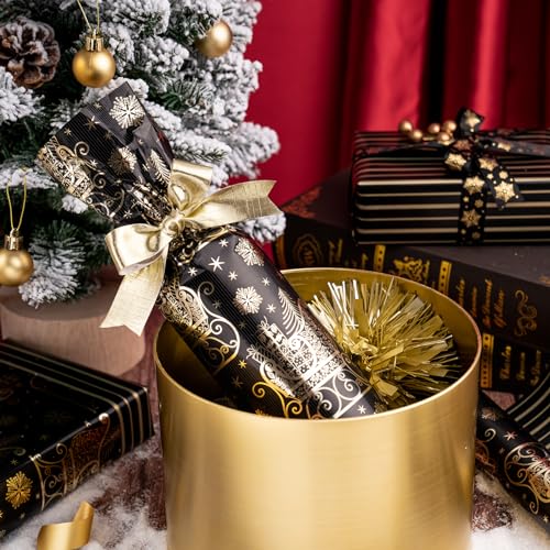 WRAPAHOLIC Reversible Christmas Wrapping Paper - Mini Roll - 17 Inch X 33 Feet - Black and Gold Sleigh Stripe with Metallic Foil for Chrsitmas, Holiday, Party Celebration Black & Gold - Seigh