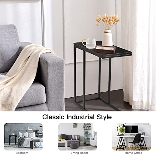 Giantex Industrial Narrow End Side Table, Metal C Shaped Frame and Rectangle MDF Tabletop, Black Wood Couch Side Table Coffee Table, Modern Furniture for Living Room Bedroom