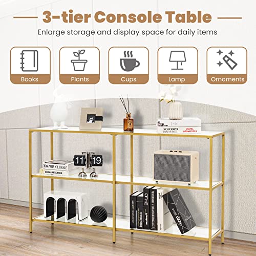 Giantex 3-Tier Glass Console Table, Narrow Long Sofa Side Table with Tempered Glass Shelves & Gold Steel Frame, Modern Rectangular Couch Table, Compact Entryway Table for Hallway, Foyer, Living Room